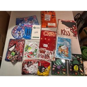 Large Lot Of Kids Birthday Party Favors & Supplies Misc. Mario Spider-Man Chiefs